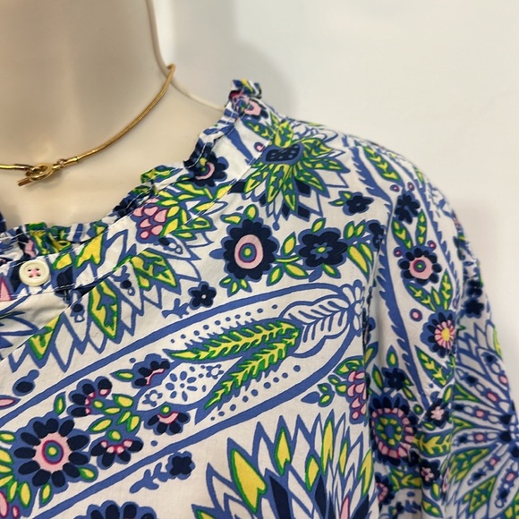 Talbots Blue/White Floral Popover with Ruffle Neck - Picture 3 of 4